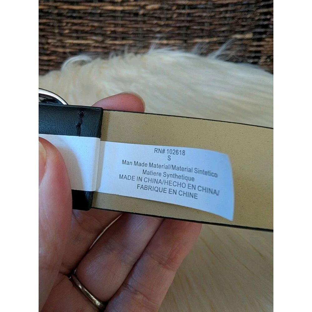 NWT Steve Madden Faux Leather Black Silver Buckle Adjustable Belt Logo Small NEW